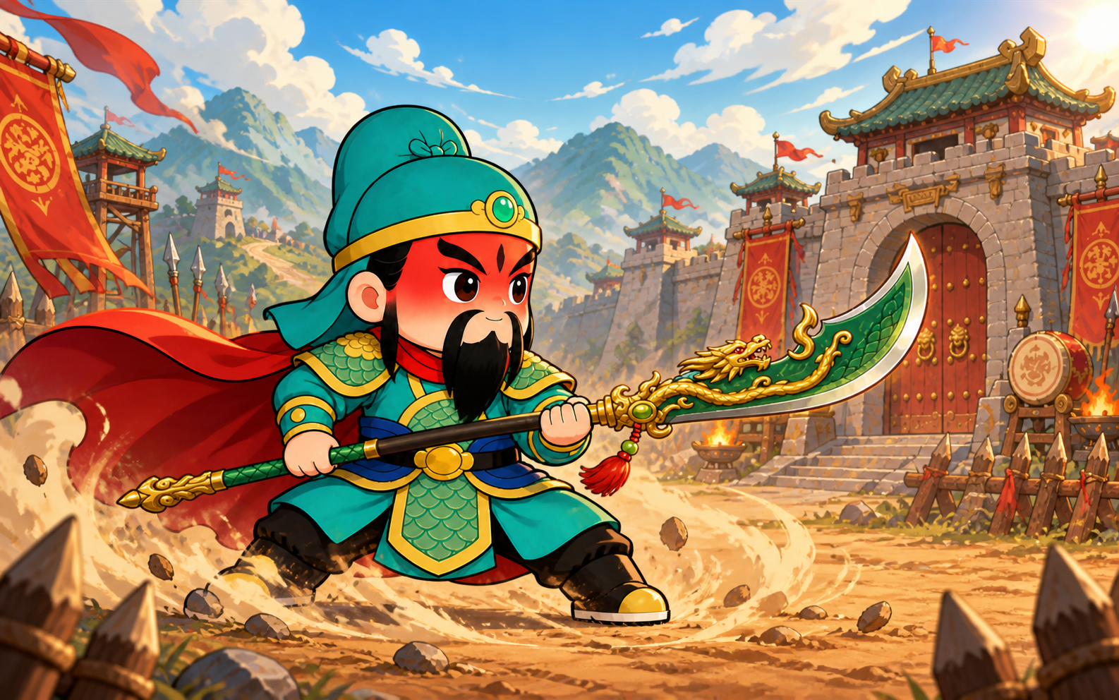 代号 G05 概念海报：国风 Q 版武将手持长刀，立于关隘前。