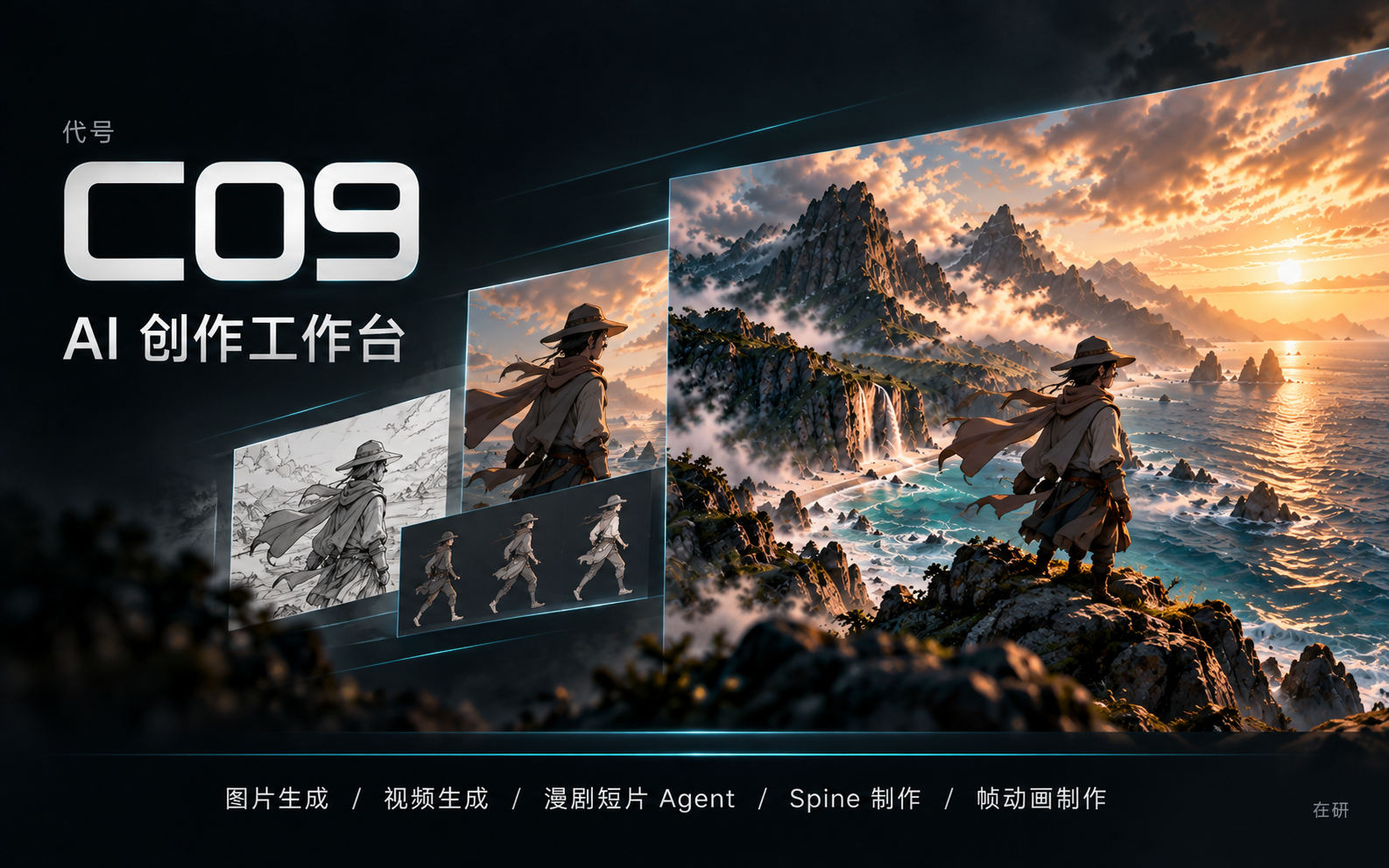 代号 C09 概念海报：山海场景、角色草图与动作序列，展示 AI 创作工作台方向。